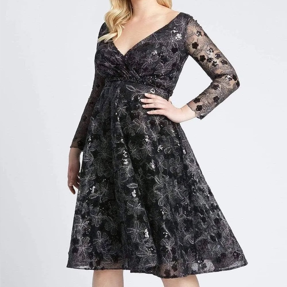 MAC DUGGAL Dress NWT Evening Gown Black Midi Silver Floral NEW Illusion